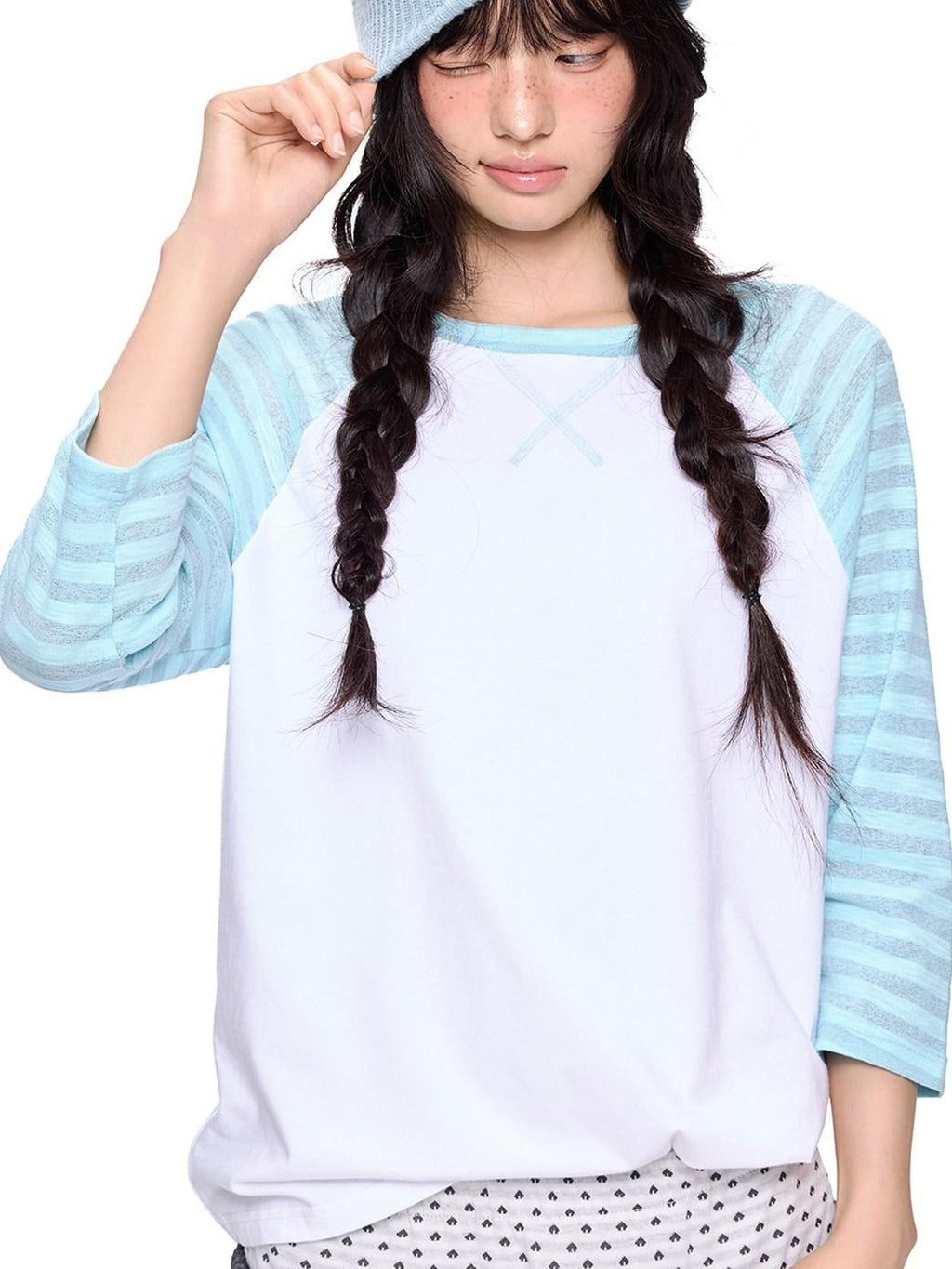 EZEK Contrast Striped Polka Dot Raglan Loose Women's Cotton Short Sleeve T-shirts