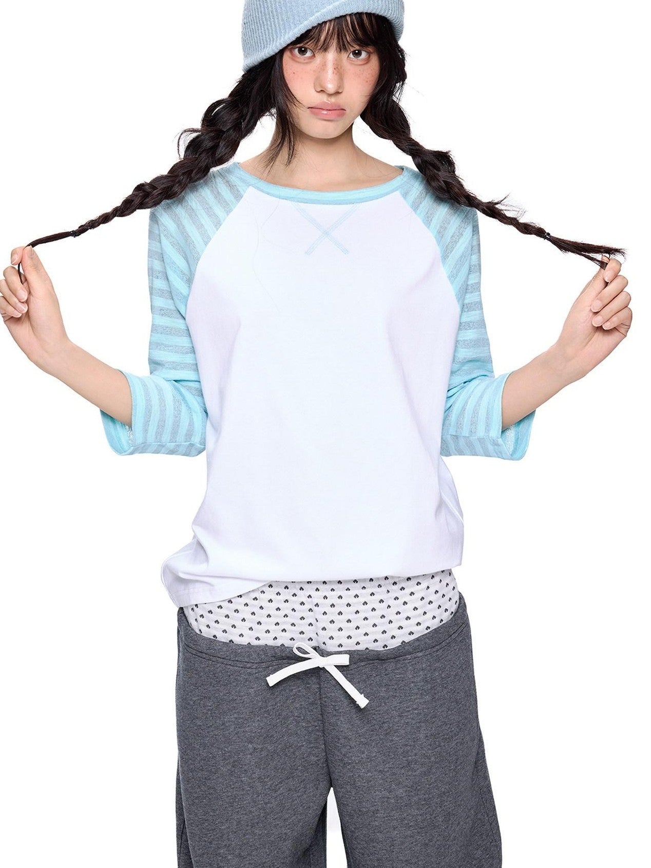 EZEK Contrast Striped Polka Dot Raglan Loose Women's Cotton Short Sleeve T-shirts