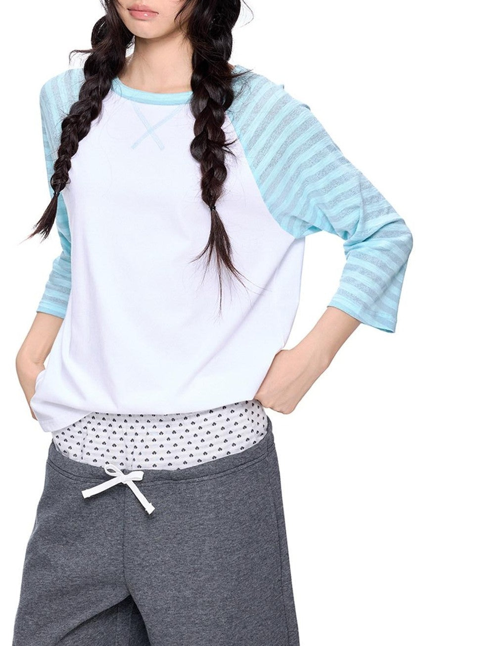 EZEK Contrast Striped Polka Dot Raglan Loose Women's Cotton Short Sleeve T-shirts
