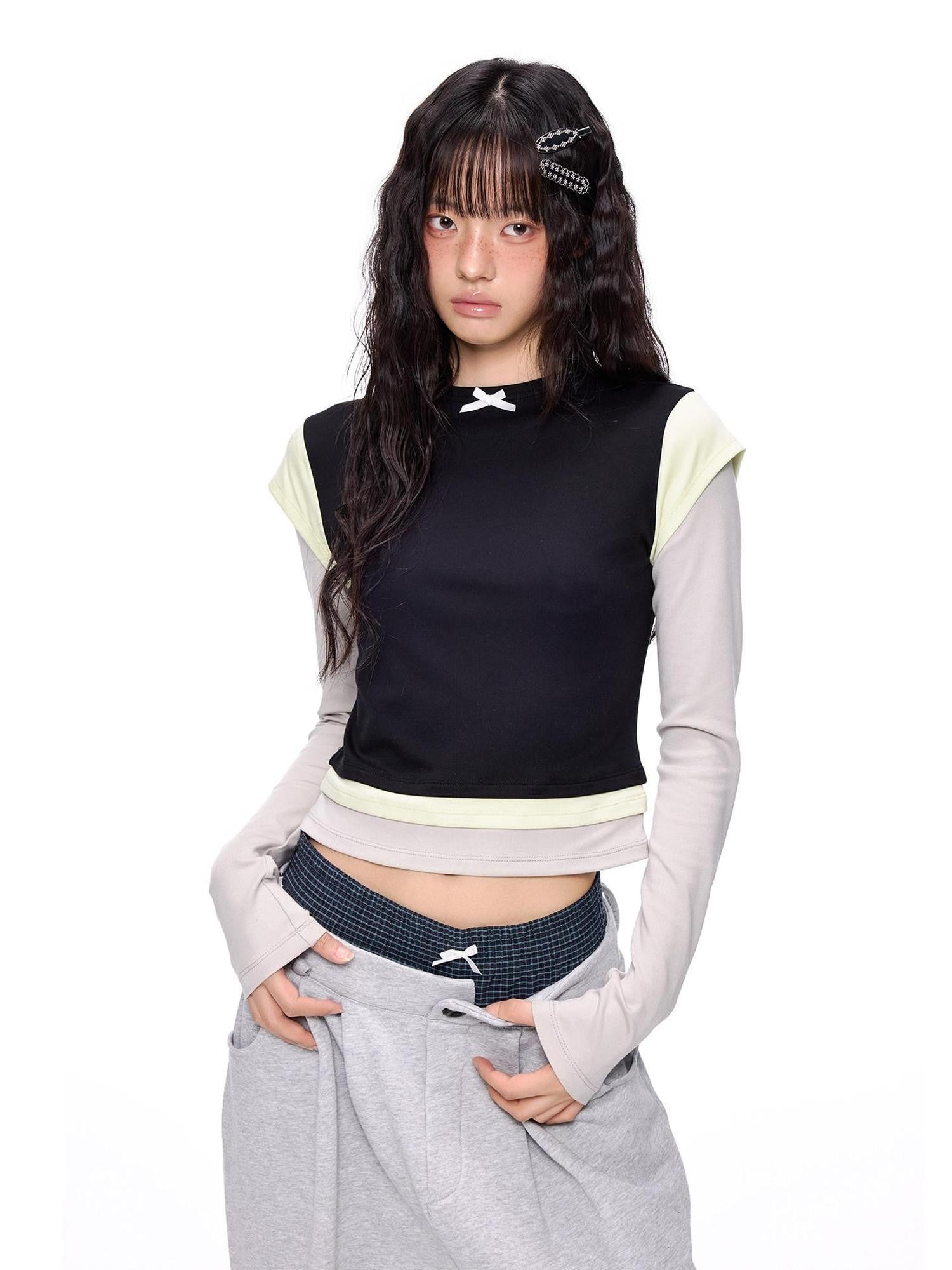 EZEK Cropped Colorblock Bow Patchwork Slim Fit Women's Modal Long Sleeve T-shirts
