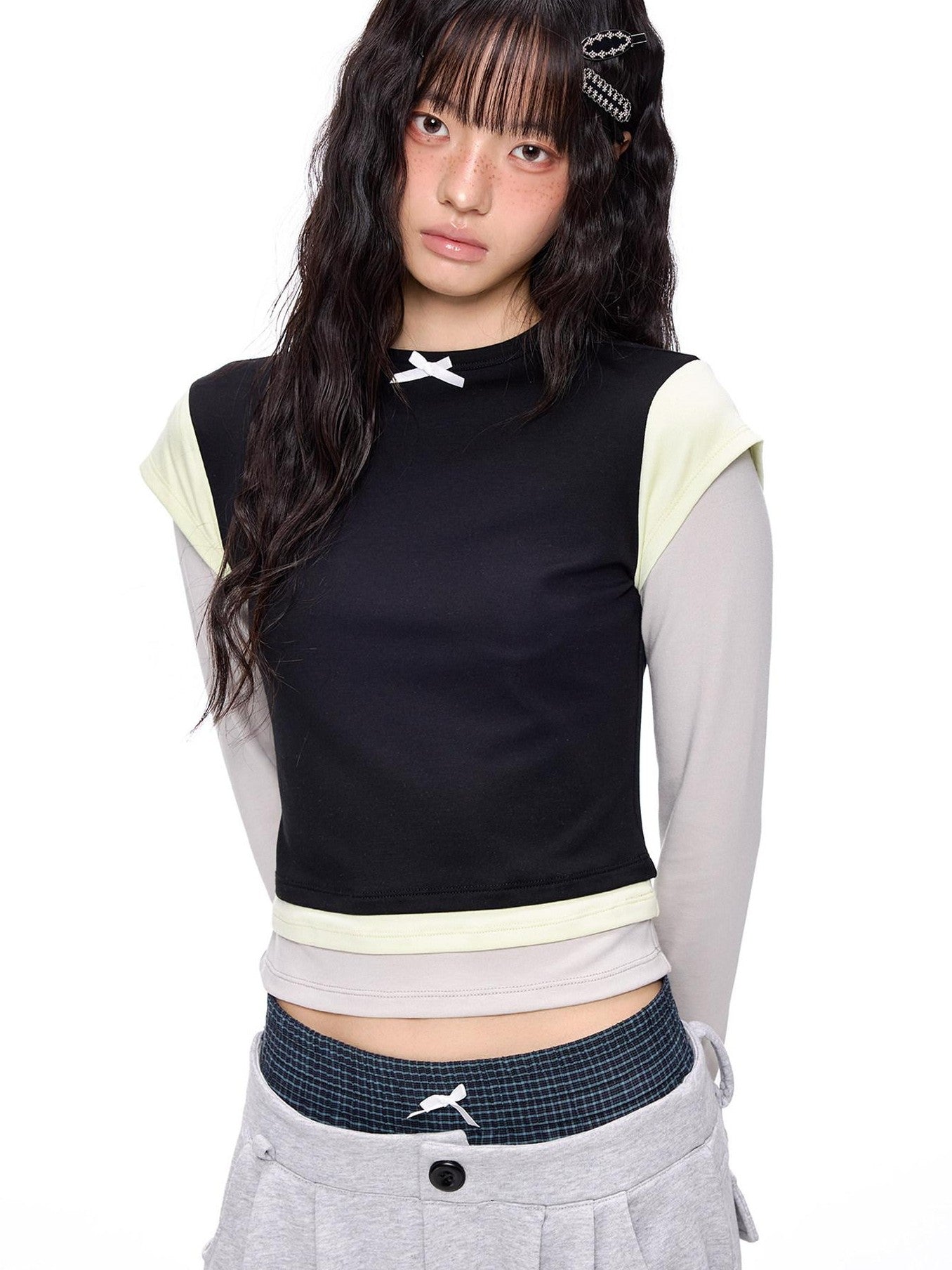 EZEK Cropped Colorblock Bow Patchwork Slim Fit Women's Modal Long Sleeve T-shirts