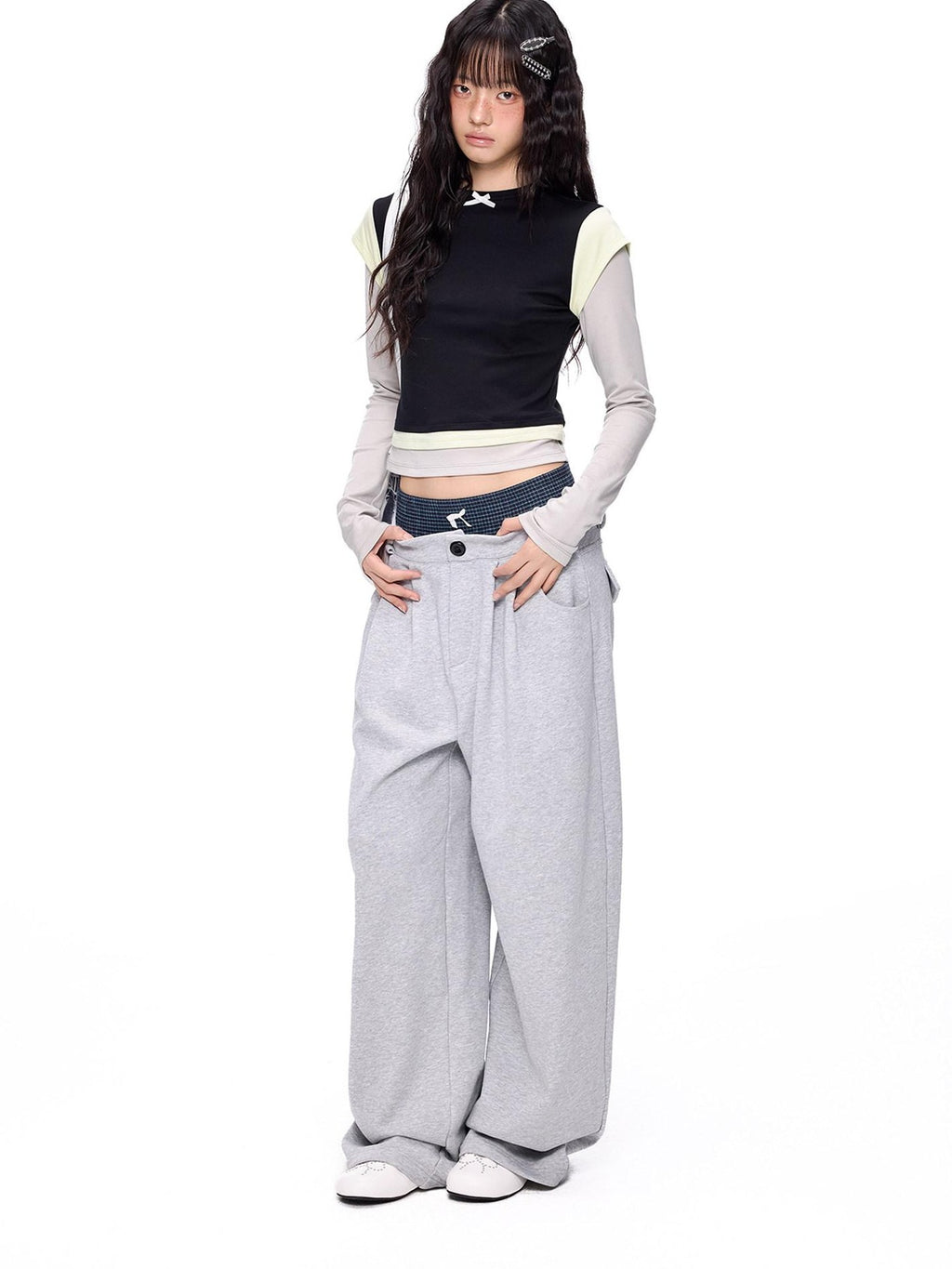 EZEK Cropped Colorblock Bow Patchwork Slim Fit Women's Modal Long Sleeve T-shirts