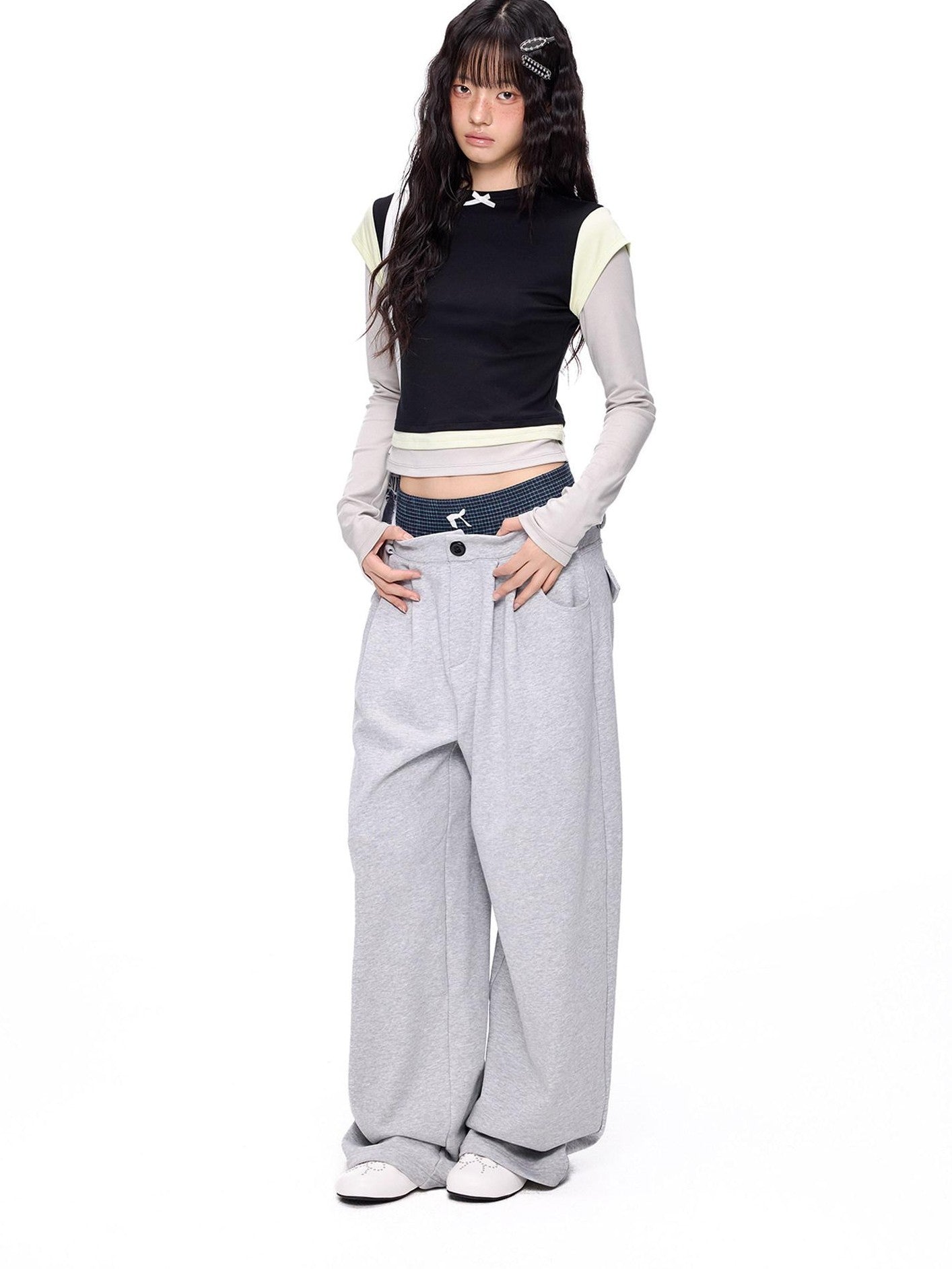EZEK Cropped Colorblock Bow Patchwork Slim Fit Women's Modal Long Sleeve T-shirts