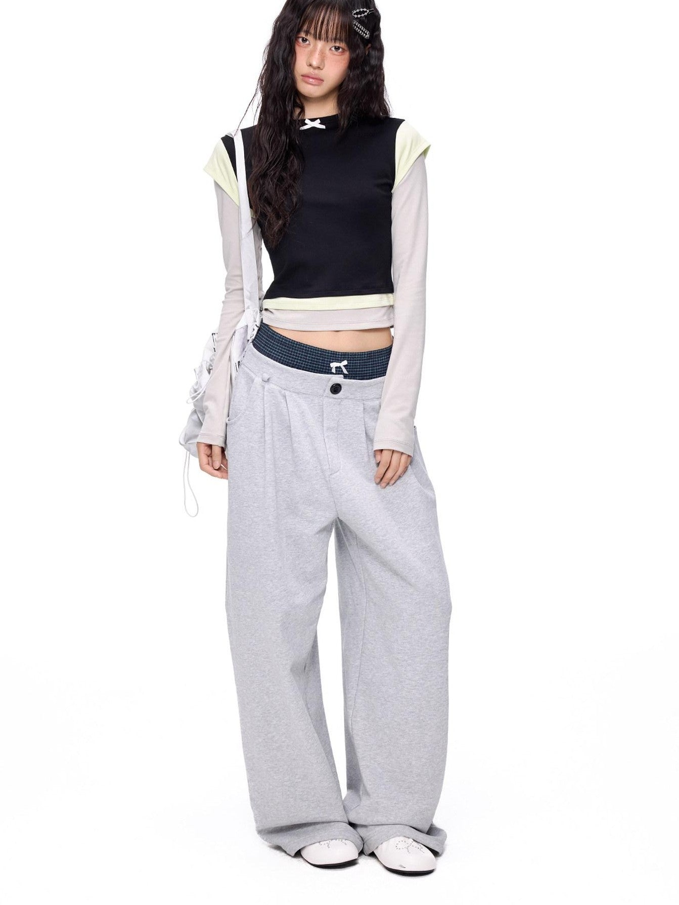 EZEK Cropped Colorblock Bow Patchwork Slim Fit Women's Modal Long Sleeve T-shirts