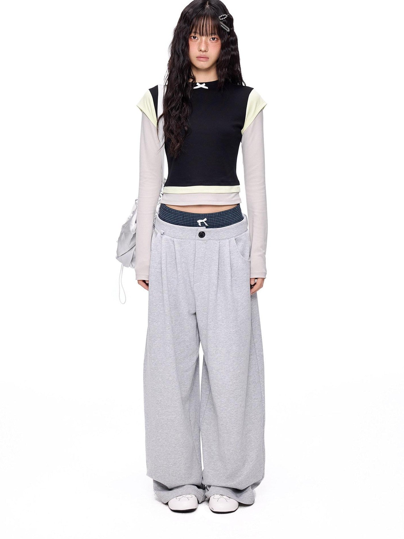 EZEK Cropped Colorblock Bow Patchwork Slim Fit Women's Modal Long Sleeve T-shirts