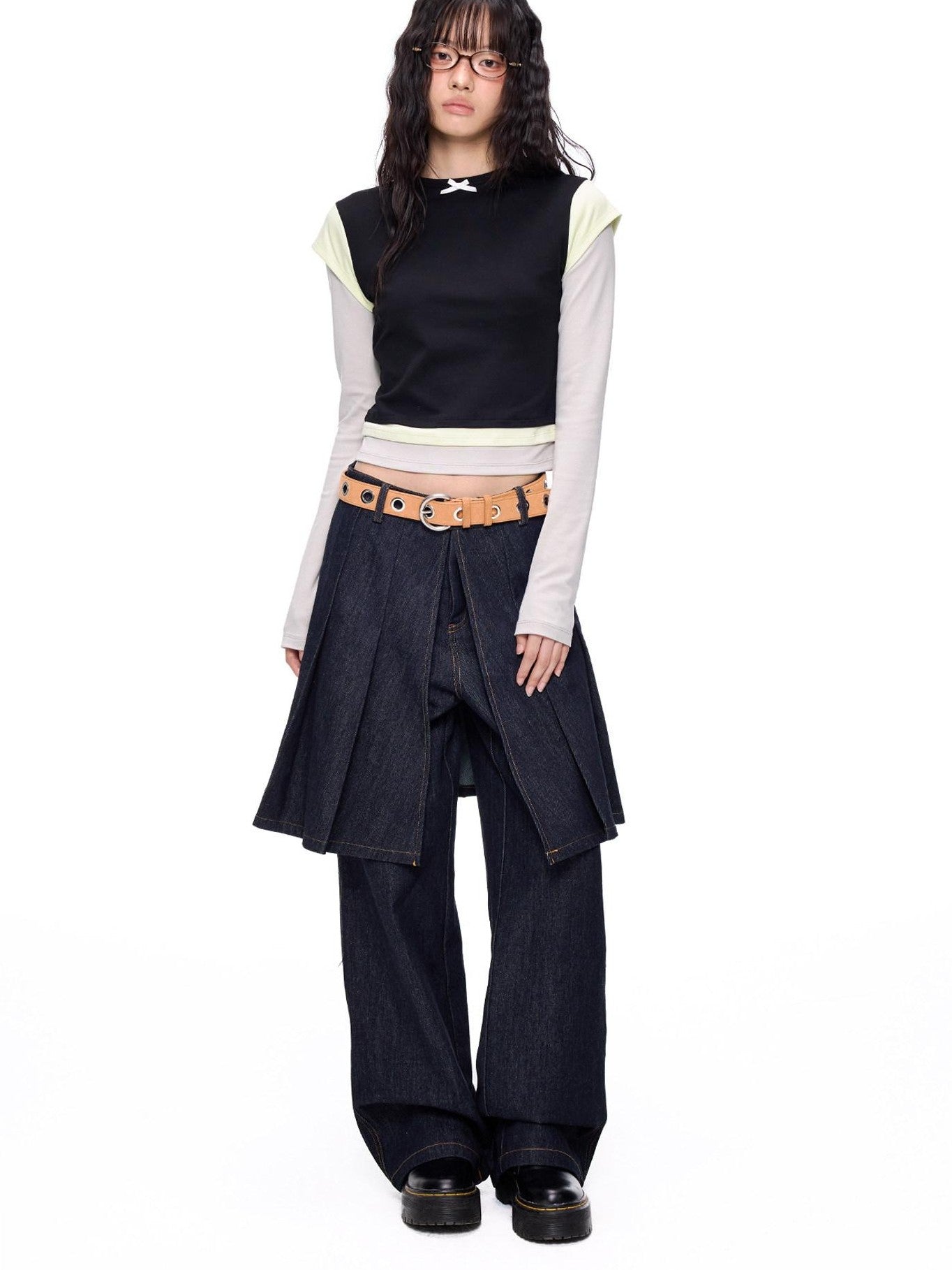 EZEK Cropped Colorblock Bow Patchwork Slim Fit Women's Modal Long Sleeve T-shirts