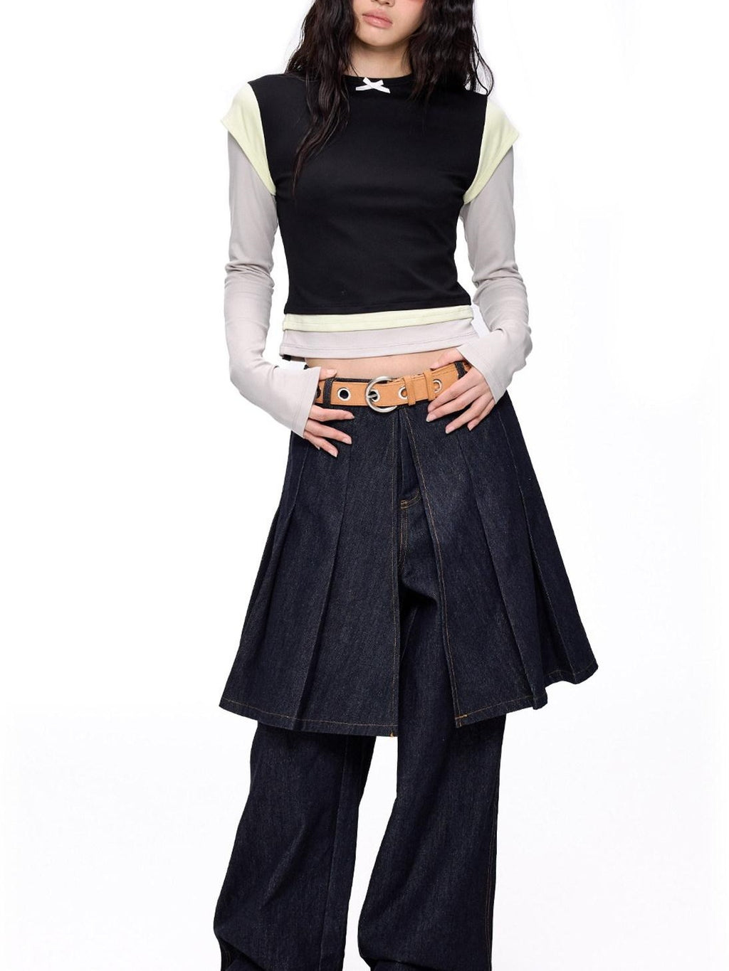 EZEK Cropped Colorblock Bow Patchwork Slim Fit Women's Modal Long Sleeve T-shirts