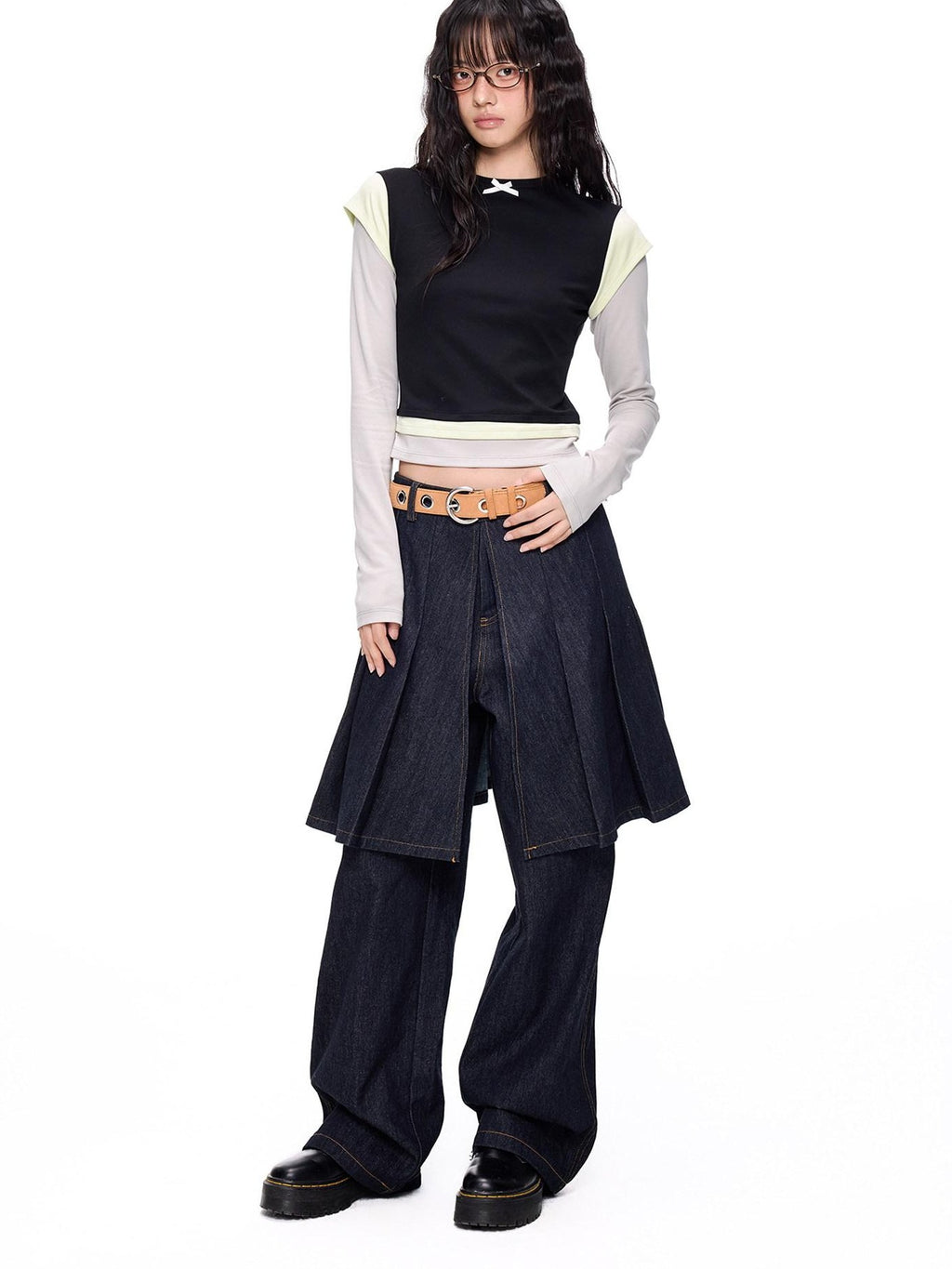 EZEK Cropped Colorblock Bow Patchwork Slim Fit Women's Modal Long Sleeve T-shirts