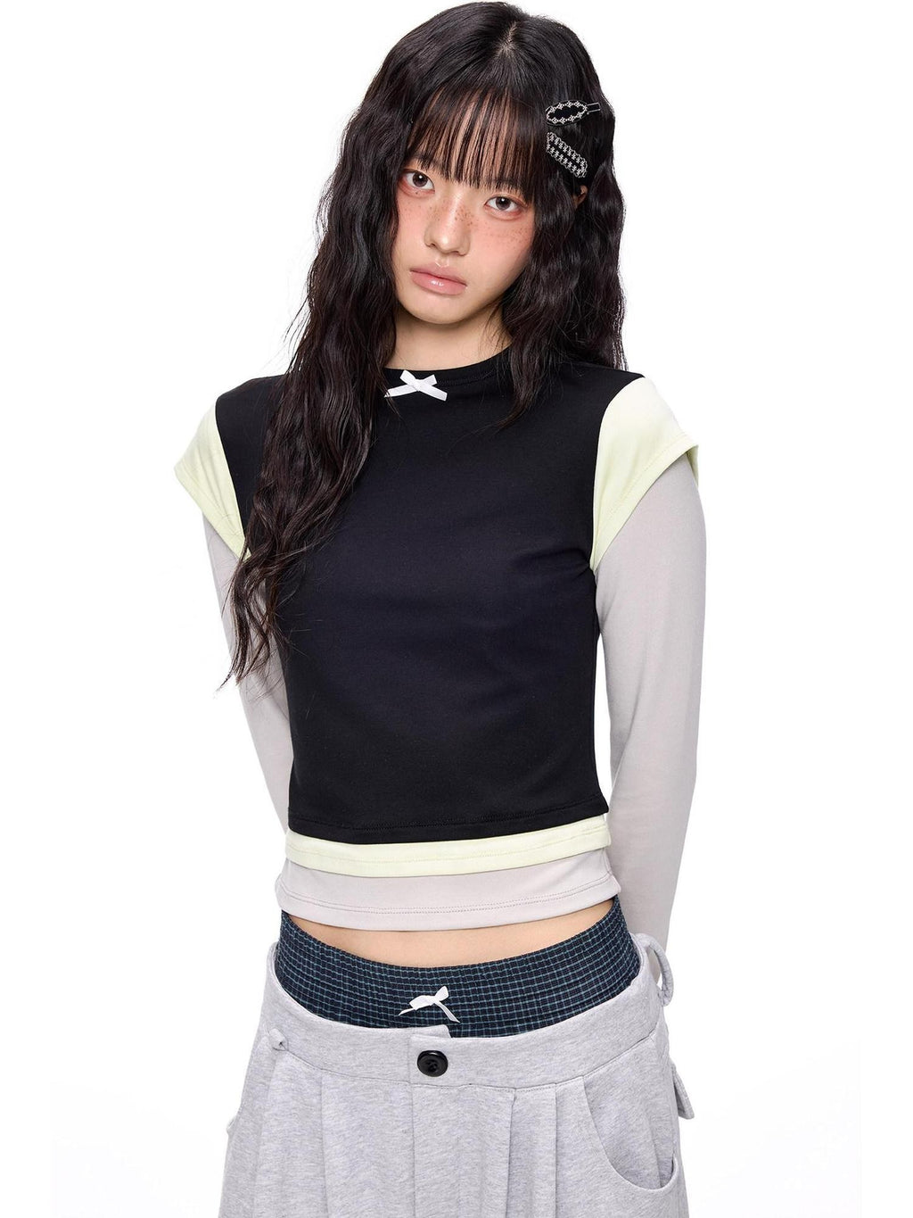 EZEK Cropped Colorblock Bow Patchwork Slim Fit Women's Modal Long Sleeve T-shirts