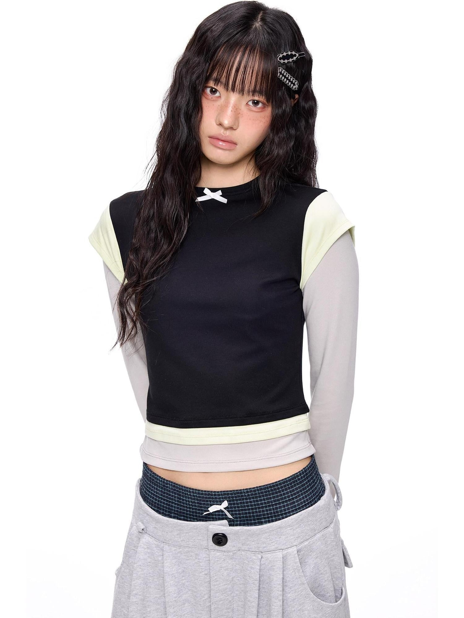 EZEK Cropped Colorblock Bow Patchwork Slim Fit Women's Modal Long Sleeve T-shirts