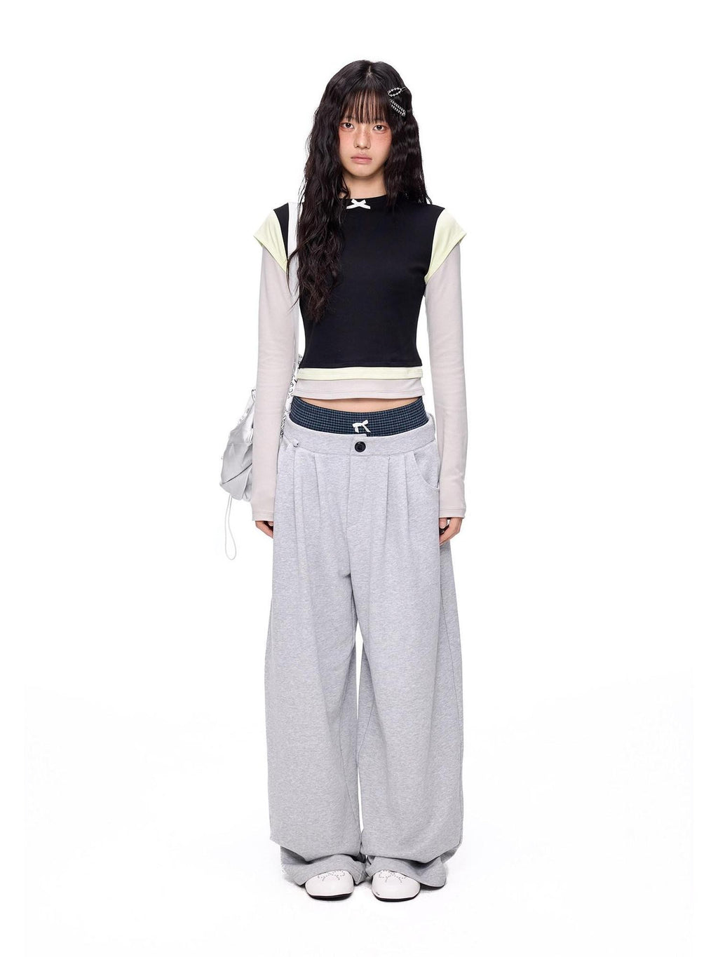 EZEK Cropped Colorblock Bow Patchwork Slim Fit Women's Modal Long Sleeve T-shirts