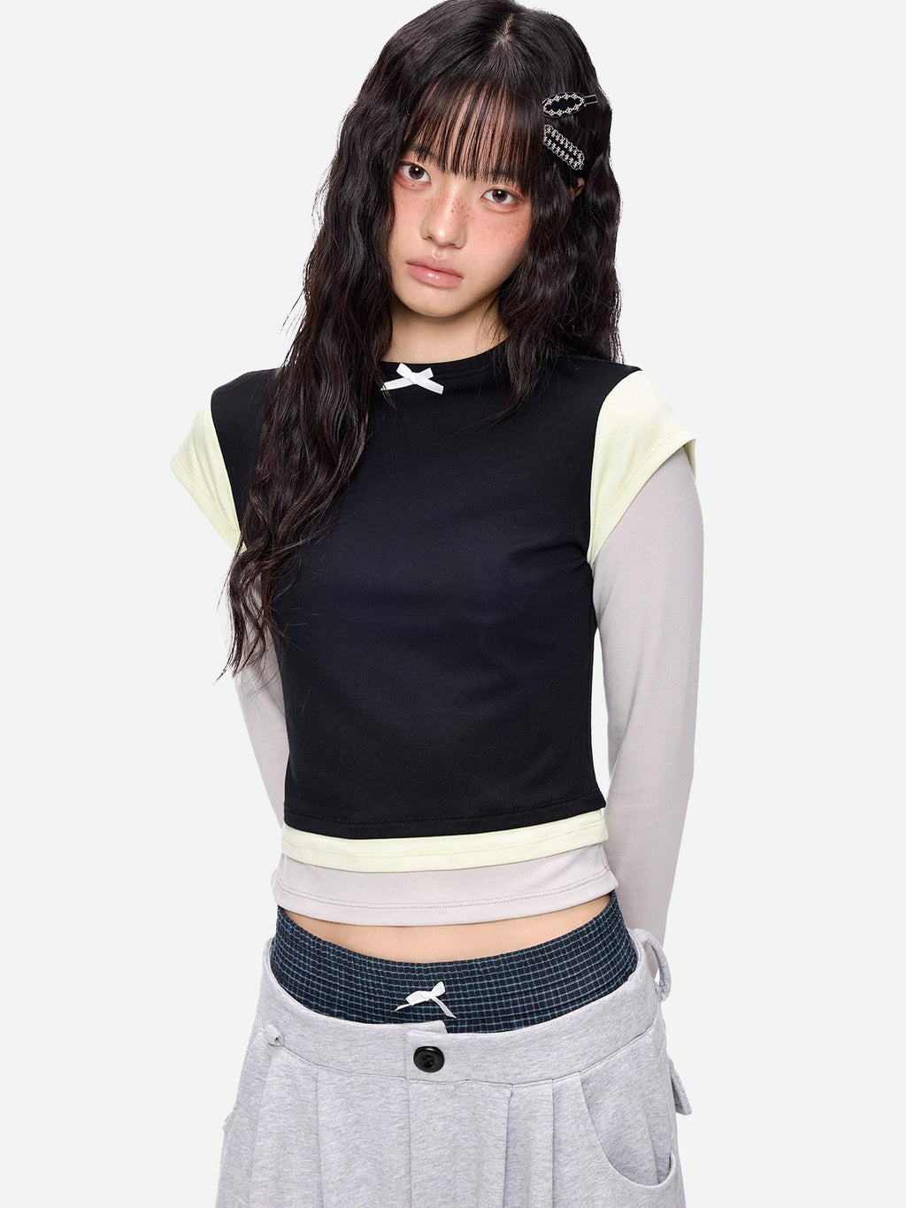 EZEK Cropped Colorblock Bow Patchwork Slim Fit Women's Modal Long Sleeve T-shirts