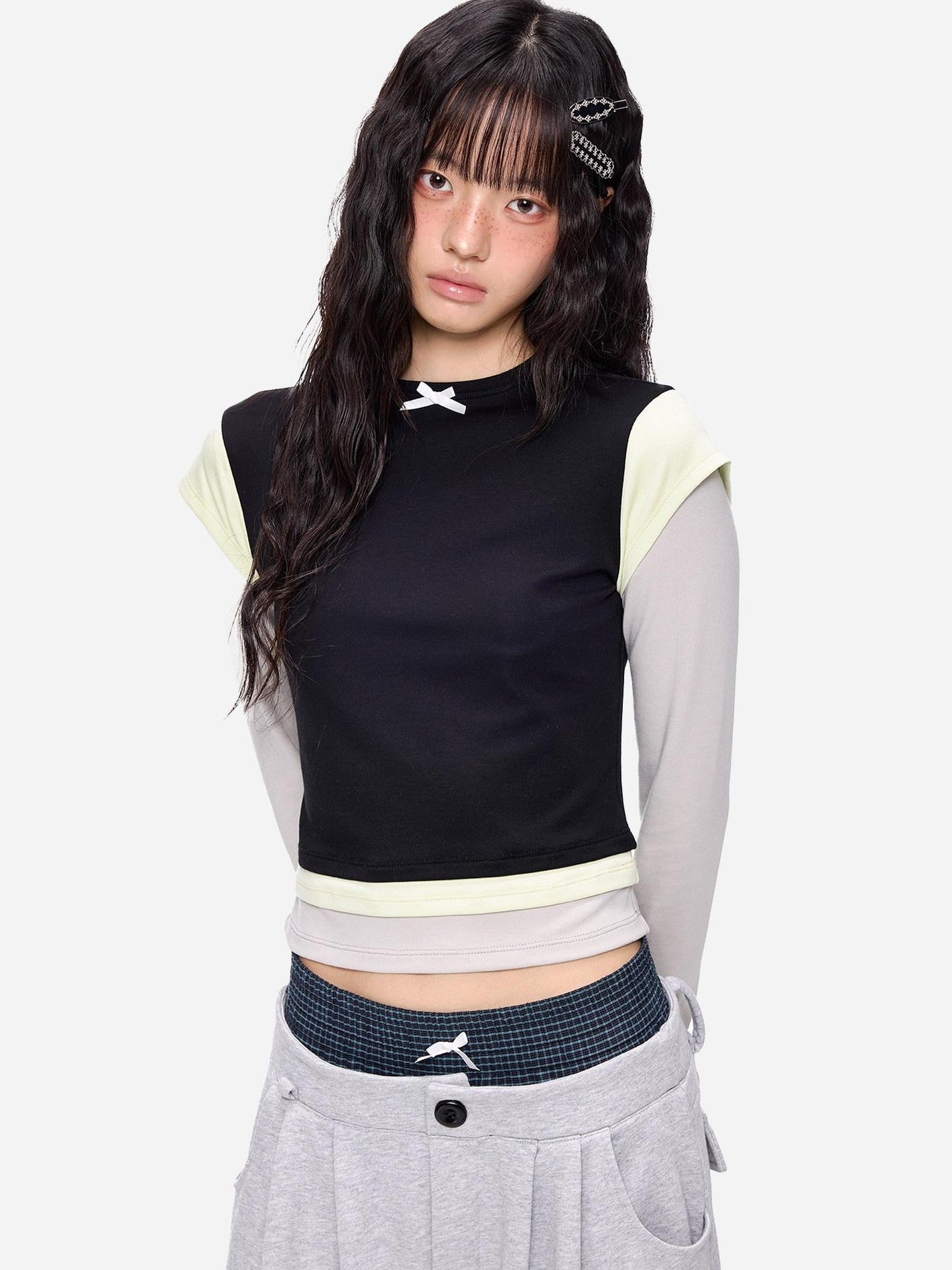 EZEK Cropped Colorblock Bow Patchwork Slim Fit Women's Modal Long Sleeve T-shirts
