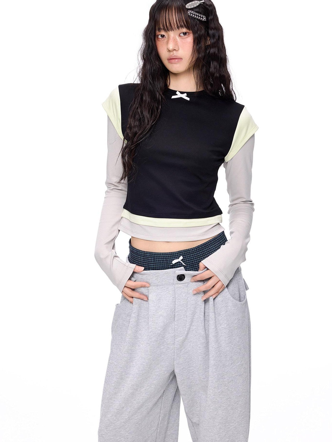 EZEK Cropped Colorblock Bow Patchwork Slim Fit Women's Modal Long Sleeve T-shirts