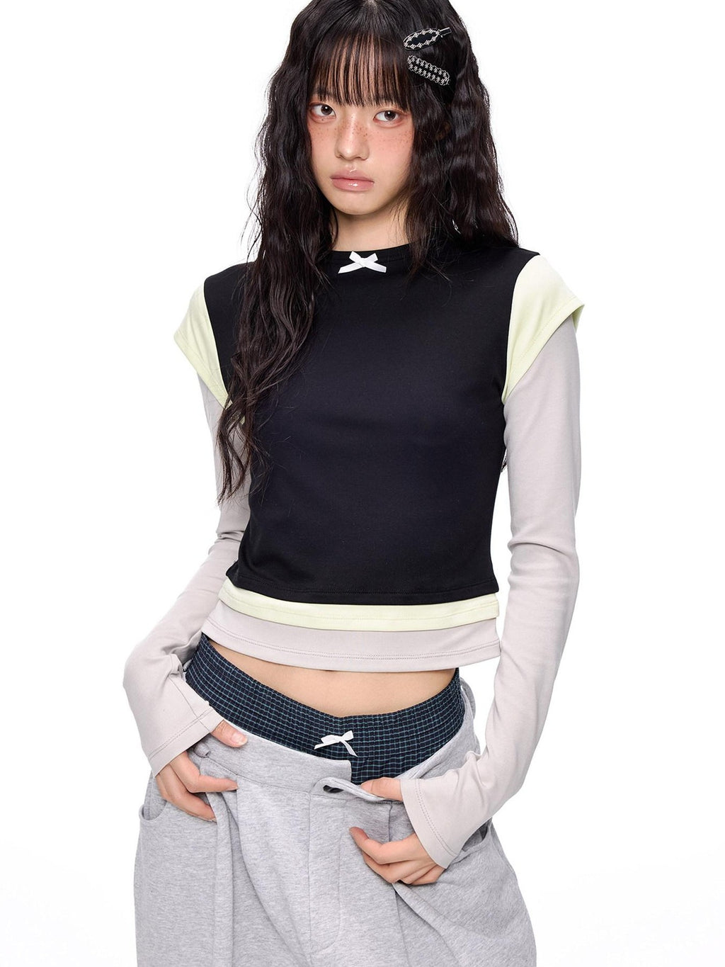 EZEK Cropped Colorblock Bow Patchwork Slim Fit Women's Modal Long Sleeve T-shirts