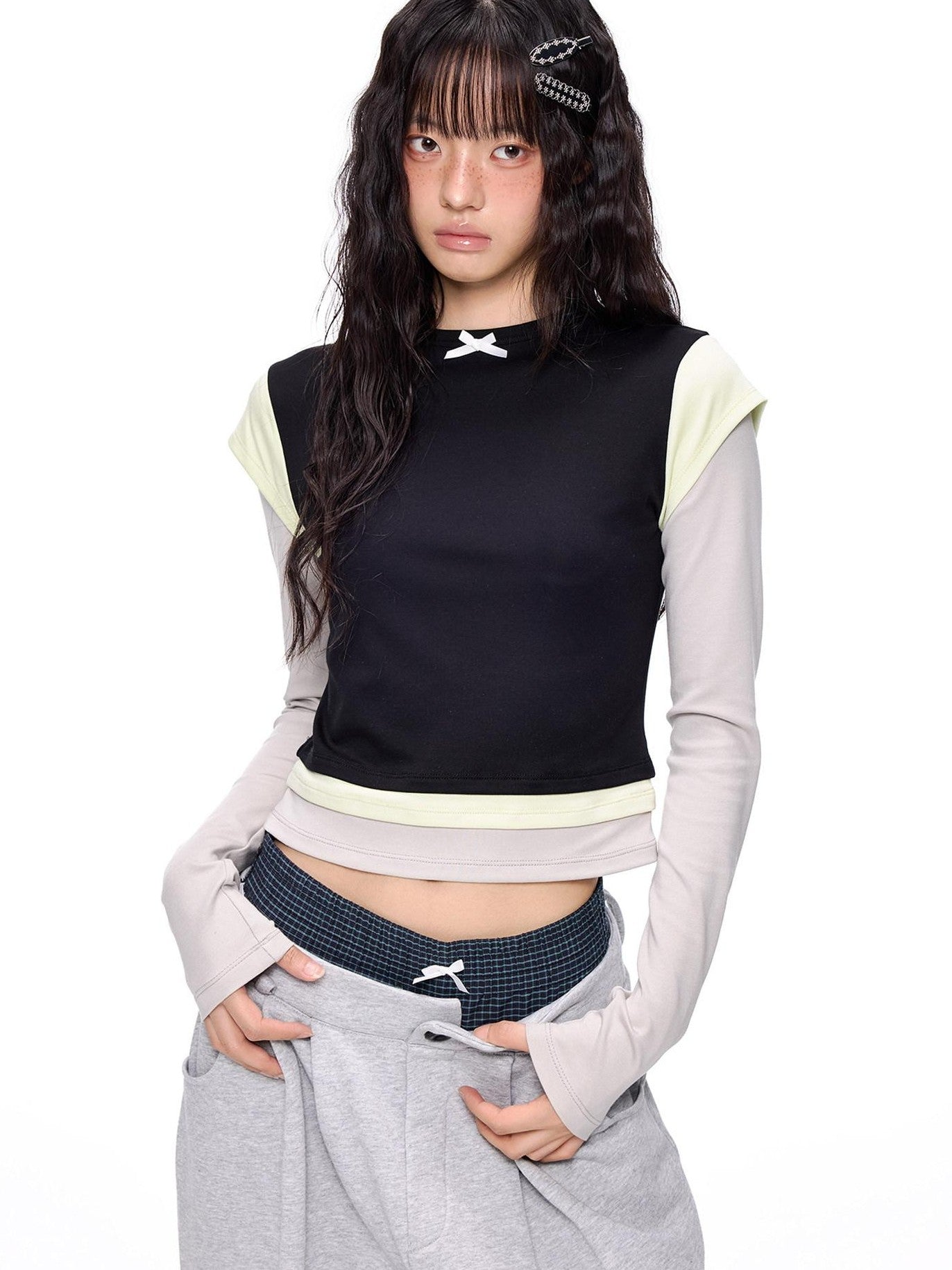 EZEK Cropped Colorblock Bow Patchwork Slim Fit Women's Modal Long Sleeve T-shirts