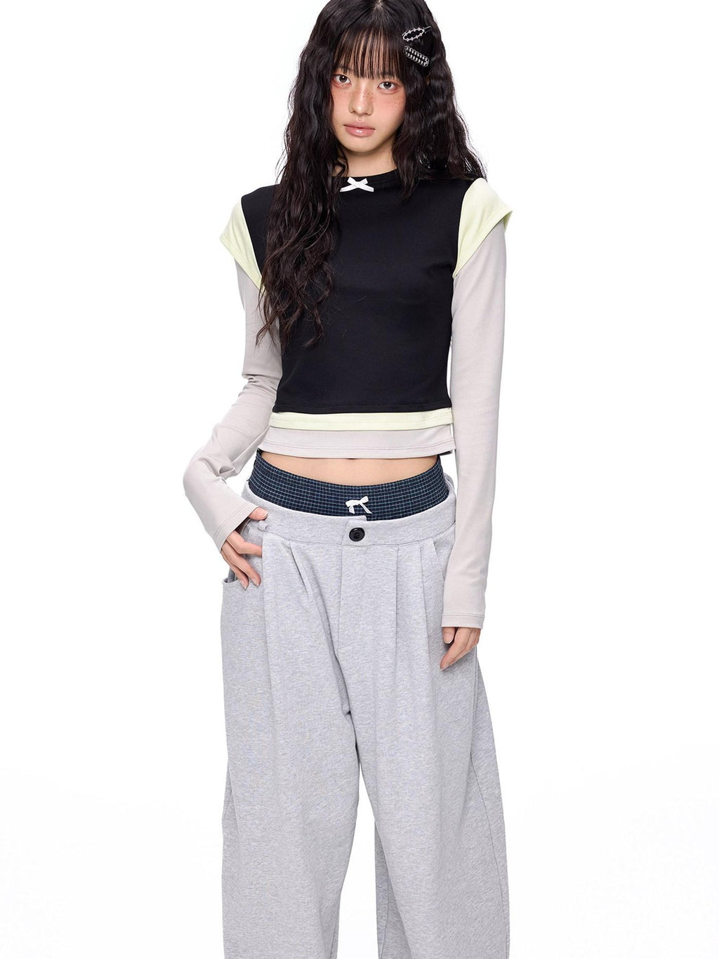 EZEK Cropped Colorblock Bow Patchwork Slim Fit Women's Modal Long Sleeve T-shirts