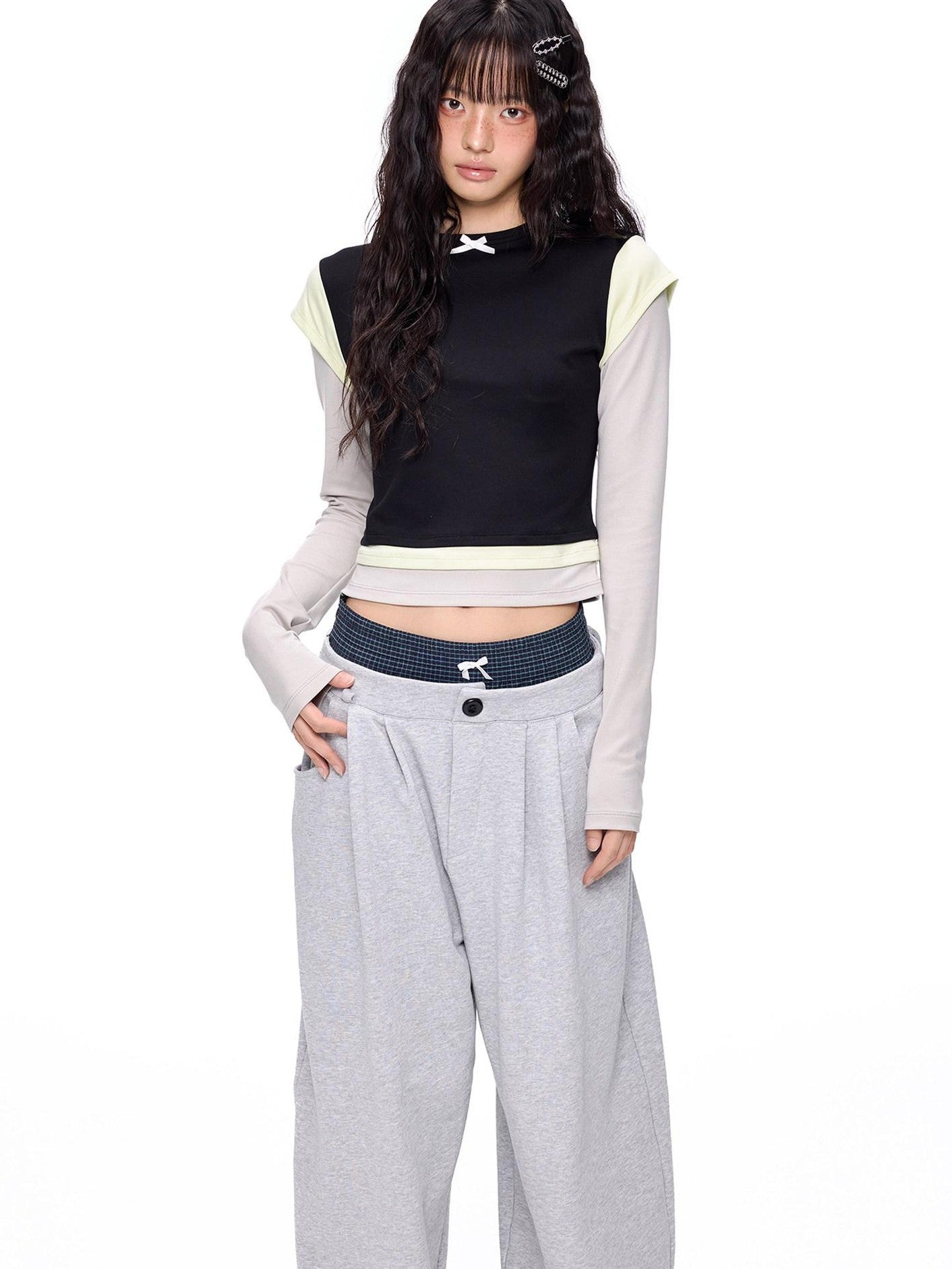 EZEK Cropped Colorblock Bow Patchwork Slim Fit Women's Modal Long Sleeve T-shirts