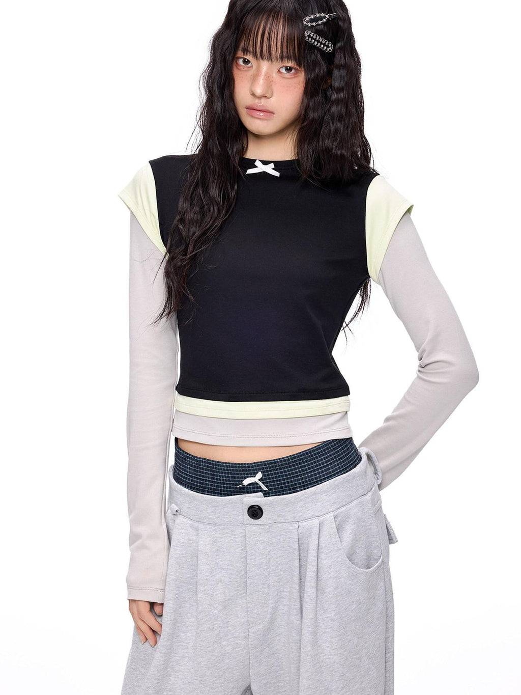 EZEK Cropped Colorblock Bow Patchwork Slim Fit Women's Modal Long Sleeve T-shirts