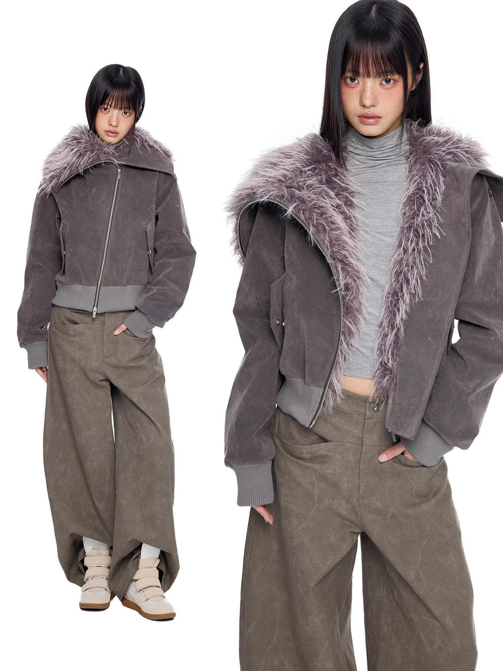 EZEK Cropped Colorblock Oversized Fur Collar Women's Faux Suede Puffer Jackets