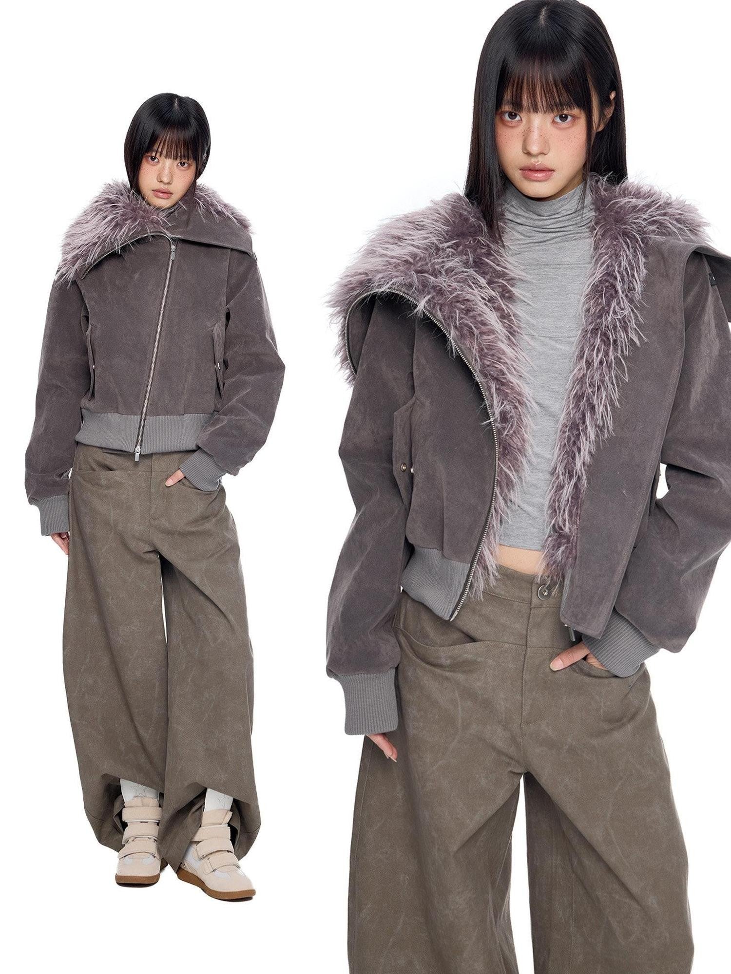 EZEK Cropped Colorblock Oversized Fur Collar Women's Faux Suede Puffer Jackets