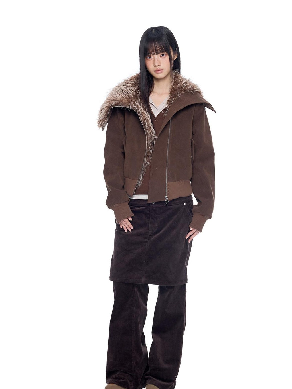 EZEK Cropped Colorblock Oversized Fur Collar Women's Faux Suede Puffer Jackets