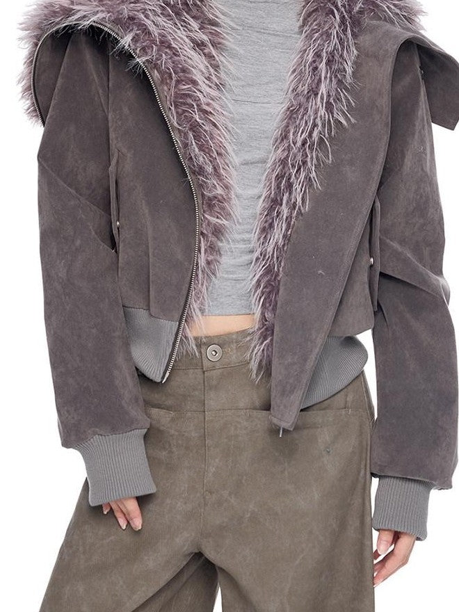 EZEK Cropped Colorblock Oversized Fur Collar Women's Faux Suede Puffer Jackets