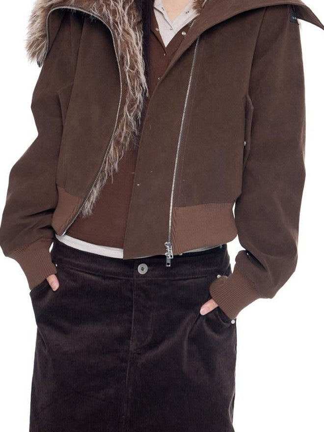 EZEK Cropped Colorblock Oversized Fur Collar Women's Faux Suede Puffer Jackets