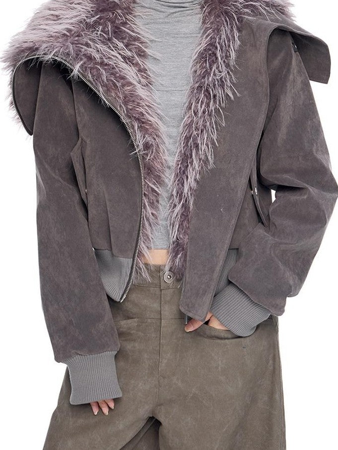 EZEK Cropped Colorblock Oversized Fur Collar Women's Faux Suede Puffer Jackets
