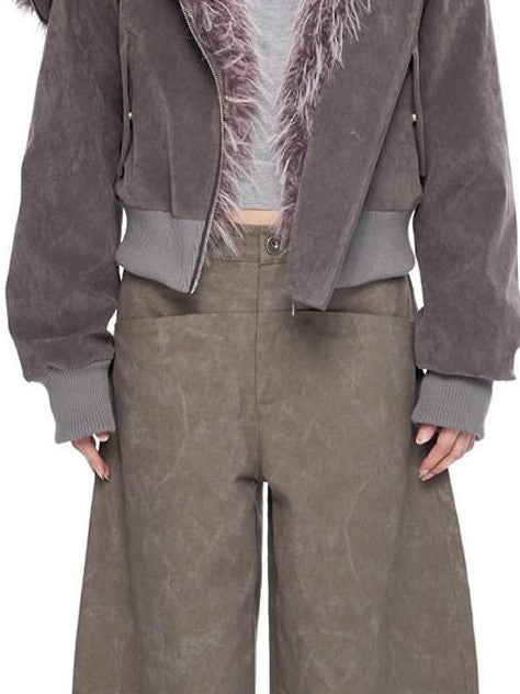 EZEK Cropped Colorblock Oversized Fur Collar Women's Faux Suede Puffer Jackets