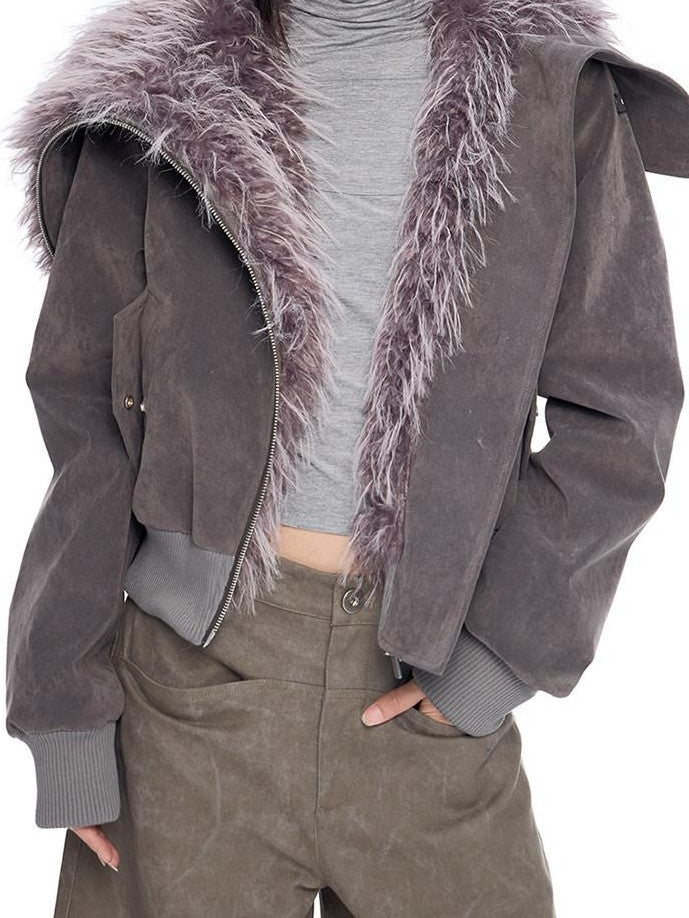 EZEK Cropped Colorblock Oversized Fur Collar Women's Faux Suede Puffer Jackets
