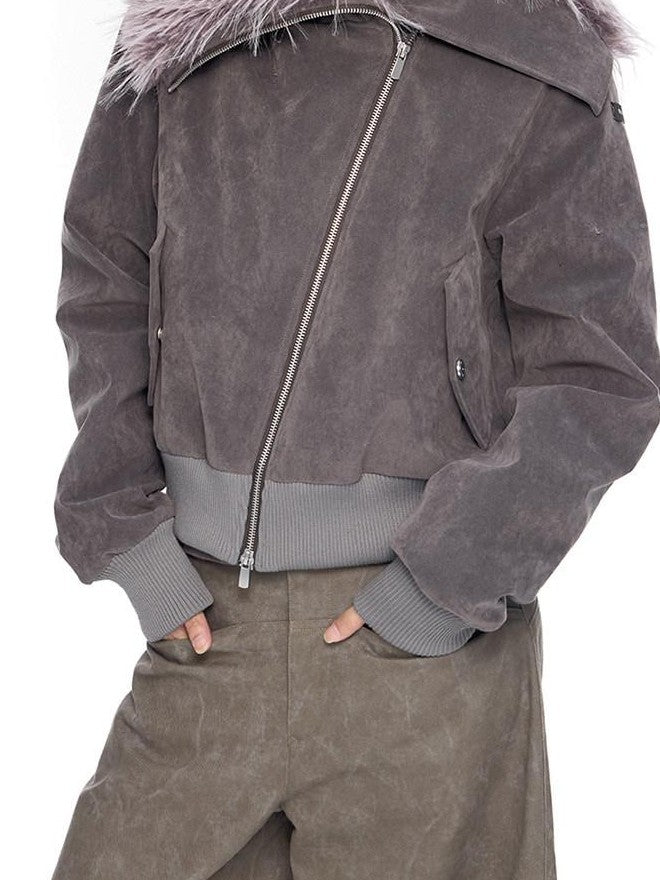 EZEK Cropped Colorblock Oversized Fur Collar Women's Faux Suede Puffer Jackets