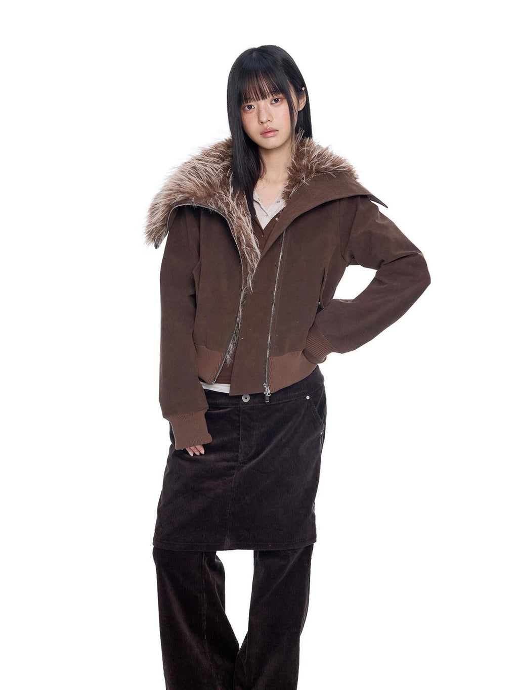 EZEK Cropped Colorblock Oversized Fur Collar Women's Faux Suede Puffer Jackets
