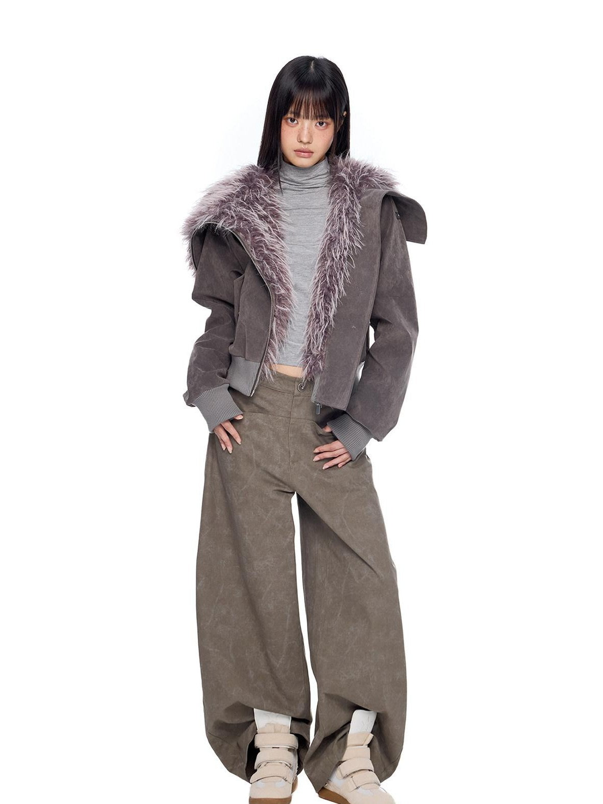 EZEK Cropped Colorblock Oversized Fur Collar Women's Faux Suede Puffer Jackets