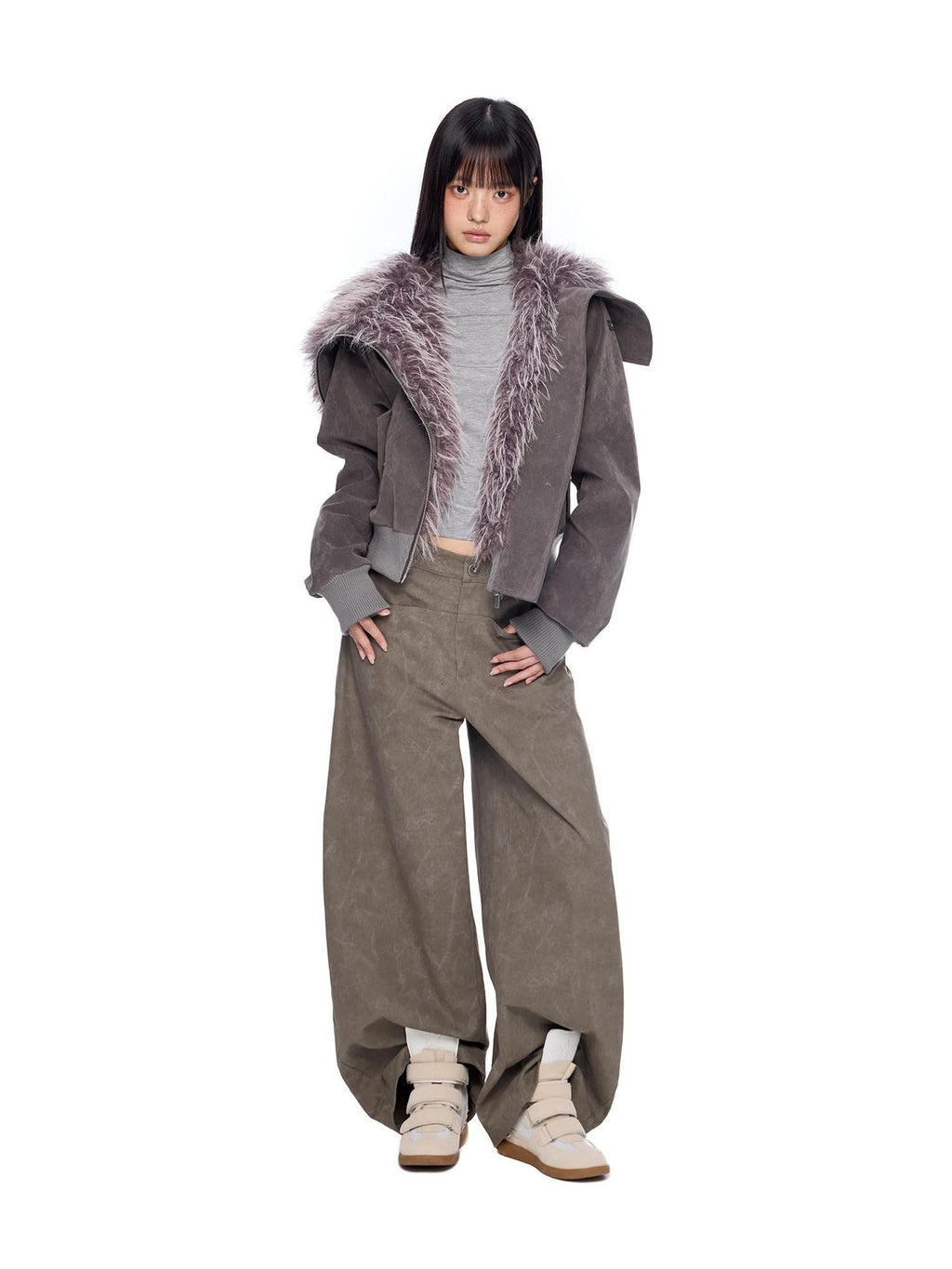 EZEK Cropped Colorblock Oversized Fur Collar Women's Faux Suede Puffer Jackets