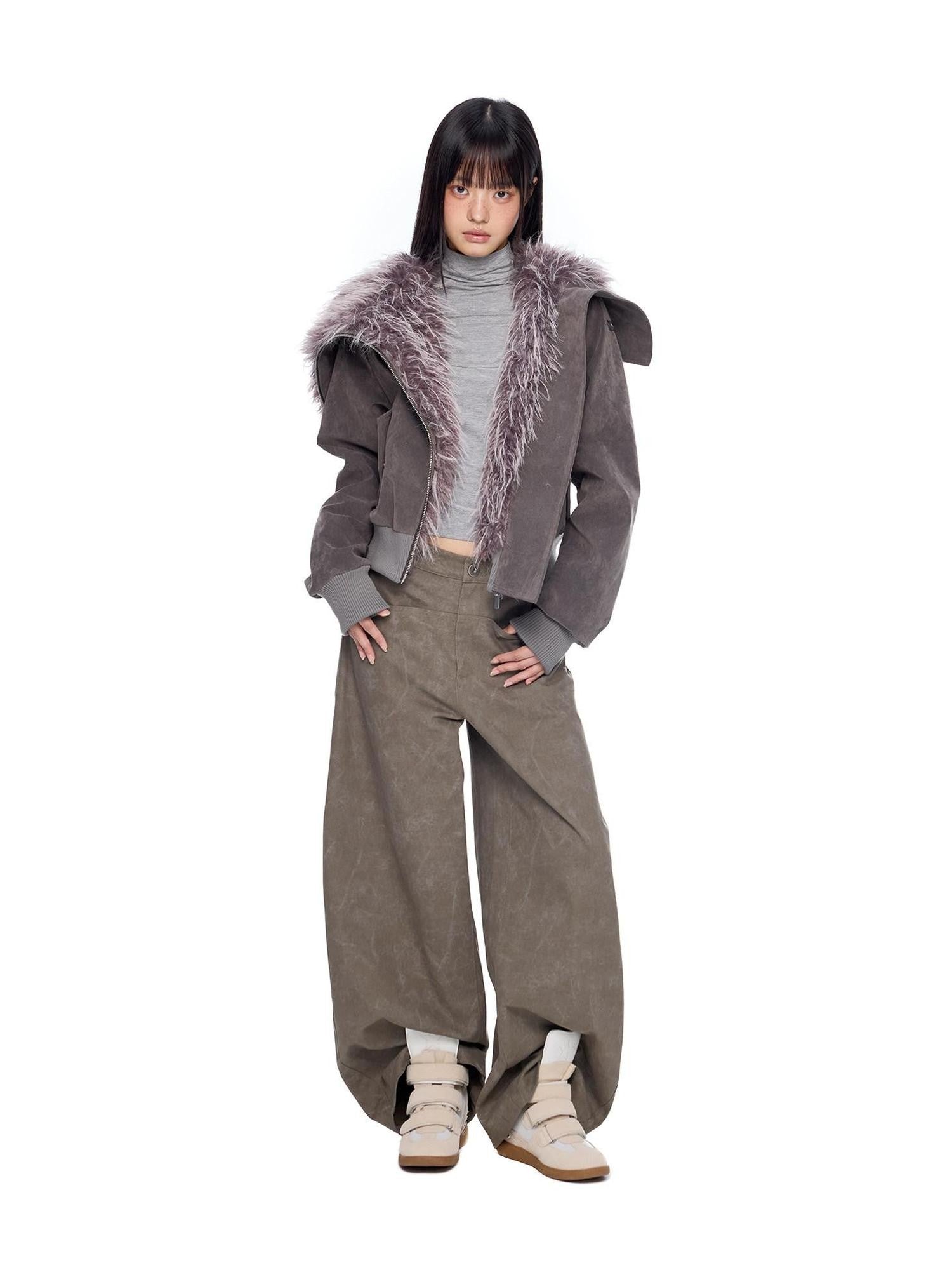 EZEK Cropped Colorblock Oversized Fur Collar Women's Faux Suede Puffer Jackets