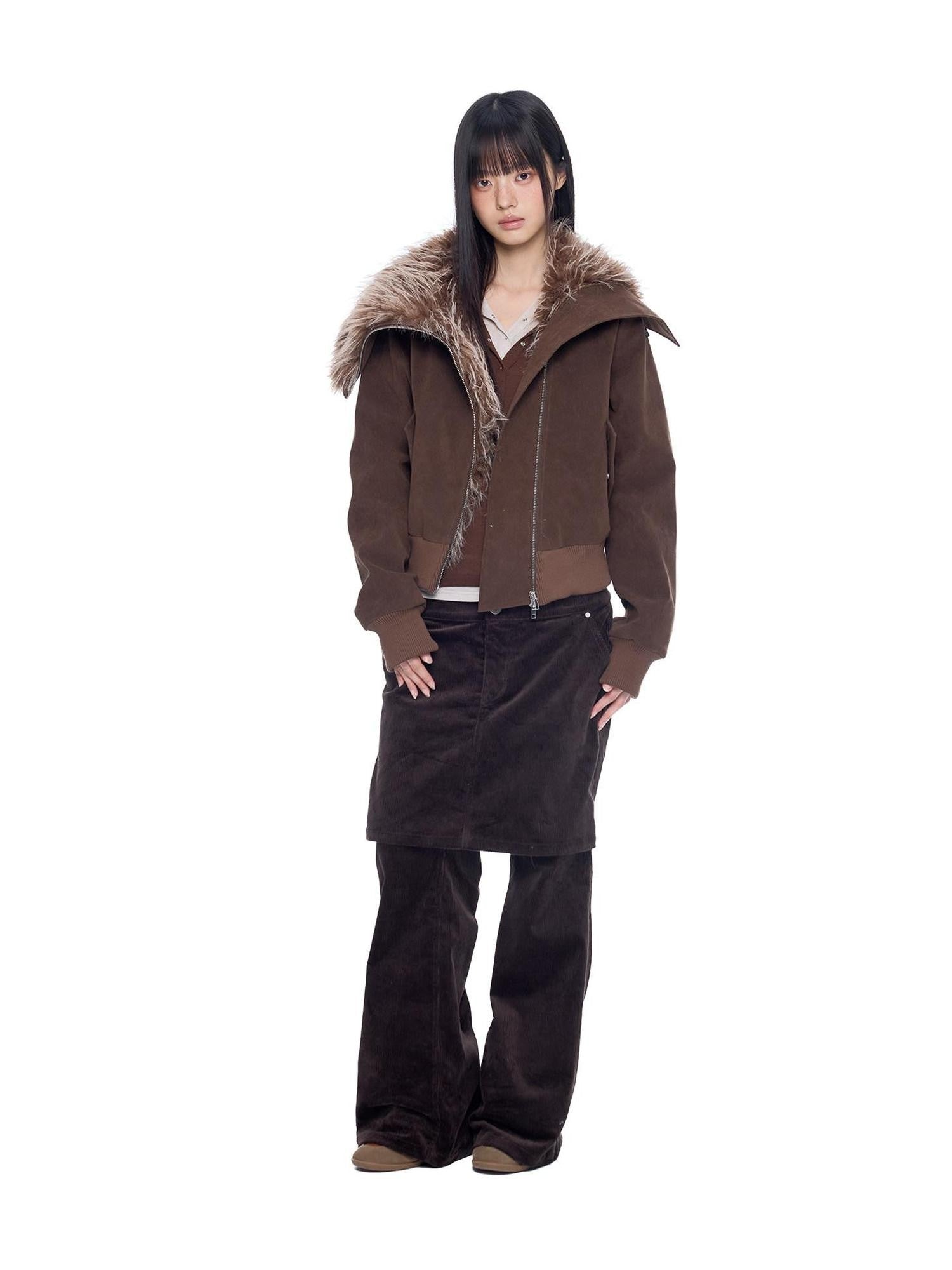EZEK Cropped Colorblock Oversized Fur Collar Women's Faux Suede Puffer Jackets