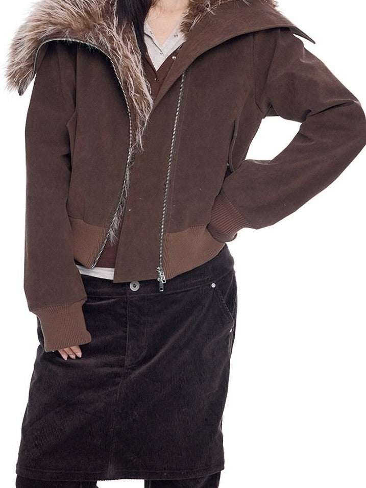 EZEK Cropped Colorblock Oversized Fur Collar Women's Faux Suede Puffer Jackets