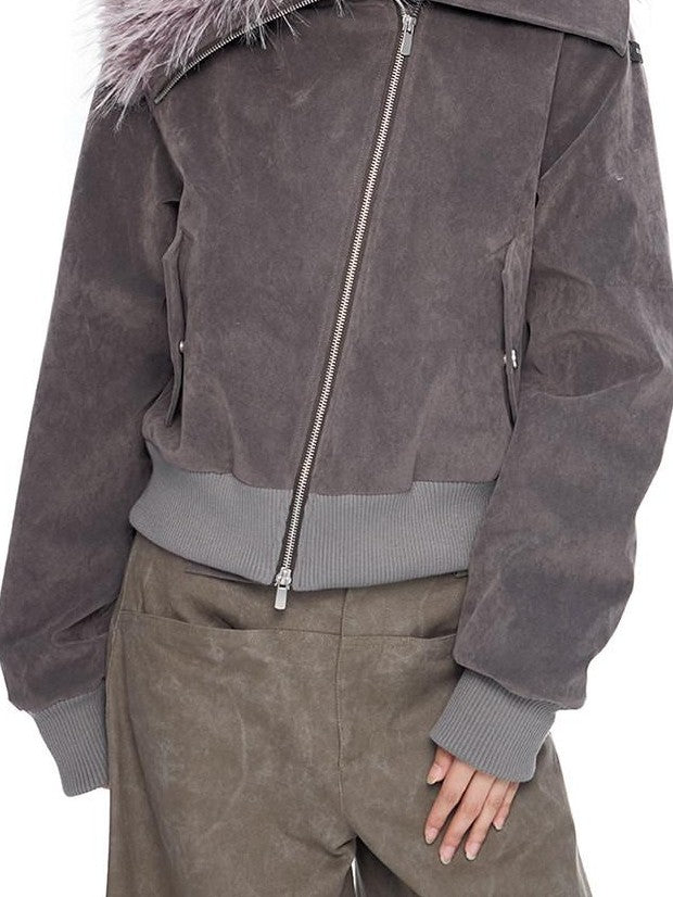 EZEK Cropped Colorblock Oversized Fur Collar Women's Faux Suede Puffer Jackets