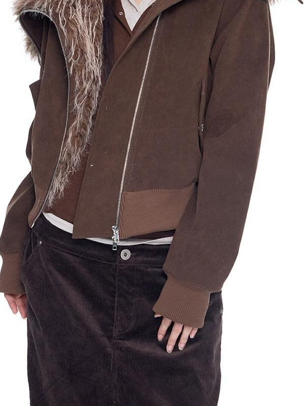 EZEK Cropped Colorblock Oversized Fur Collar Women's Faux Suede Puffer Jackets