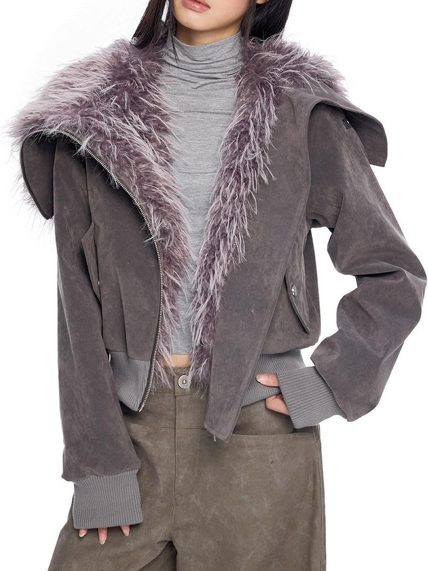 EZEK Cropped Colorblock Oversized Fur Collar Women's Faux Suede Puffer Jackets