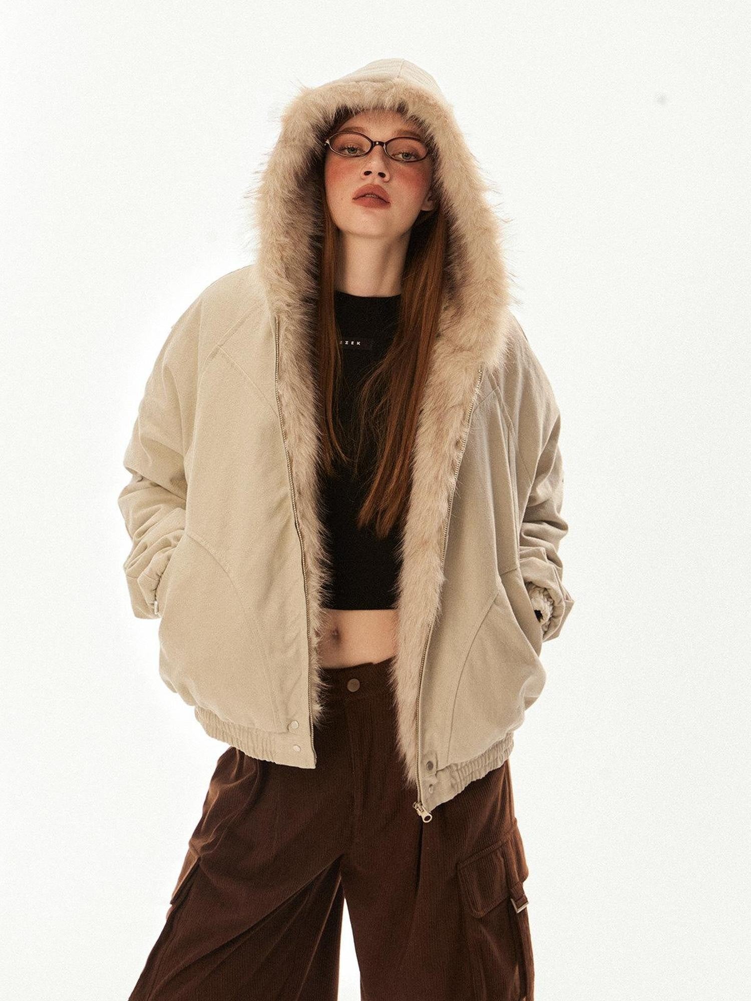 EZEK Cropped Fluffy Fur Collar Hooded Zippered Women's Cotton Padded Puffer Jackets