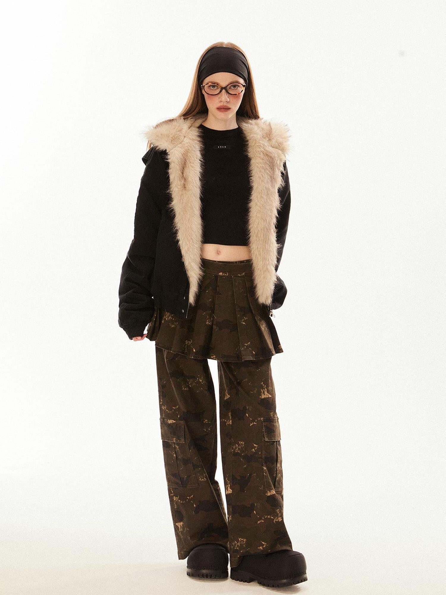 EZEK Cropped Fluffy Fur Collar Hooded Zippered Women's Cotton Padded Puffer Jackets
