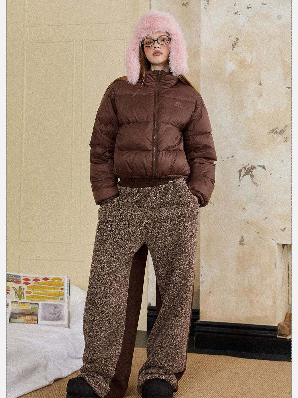 EZEK Cropped Printed Stand Collar Pocketed Women's Nylon Down Jackets