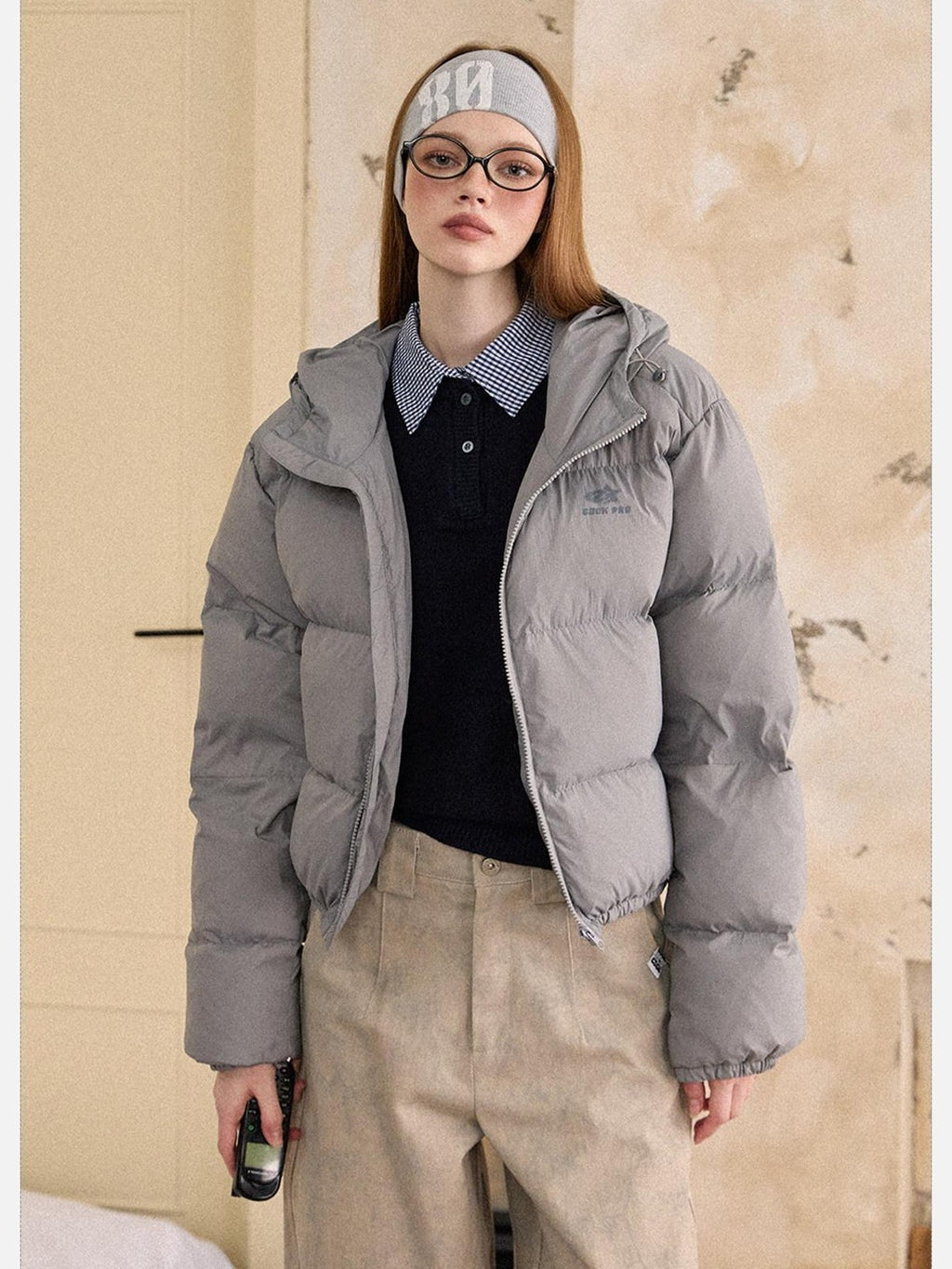 EZEK Cropped Printed Stand Collar Pocketed Women's Nylon Down Jackets