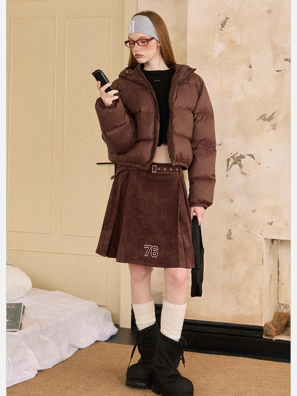 EZEK Cropped Printed Stand Collar Pocketed Women's Nylon Down Jackets