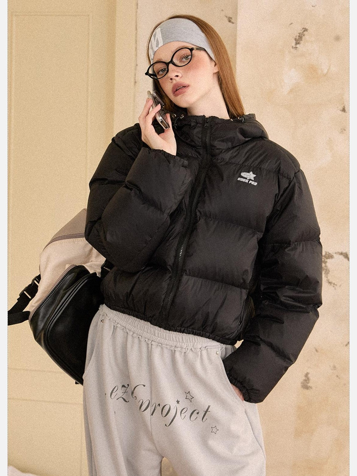 EZEK Cropped Printed Stand Collar Pocketed Women's Nylon Down Jackets