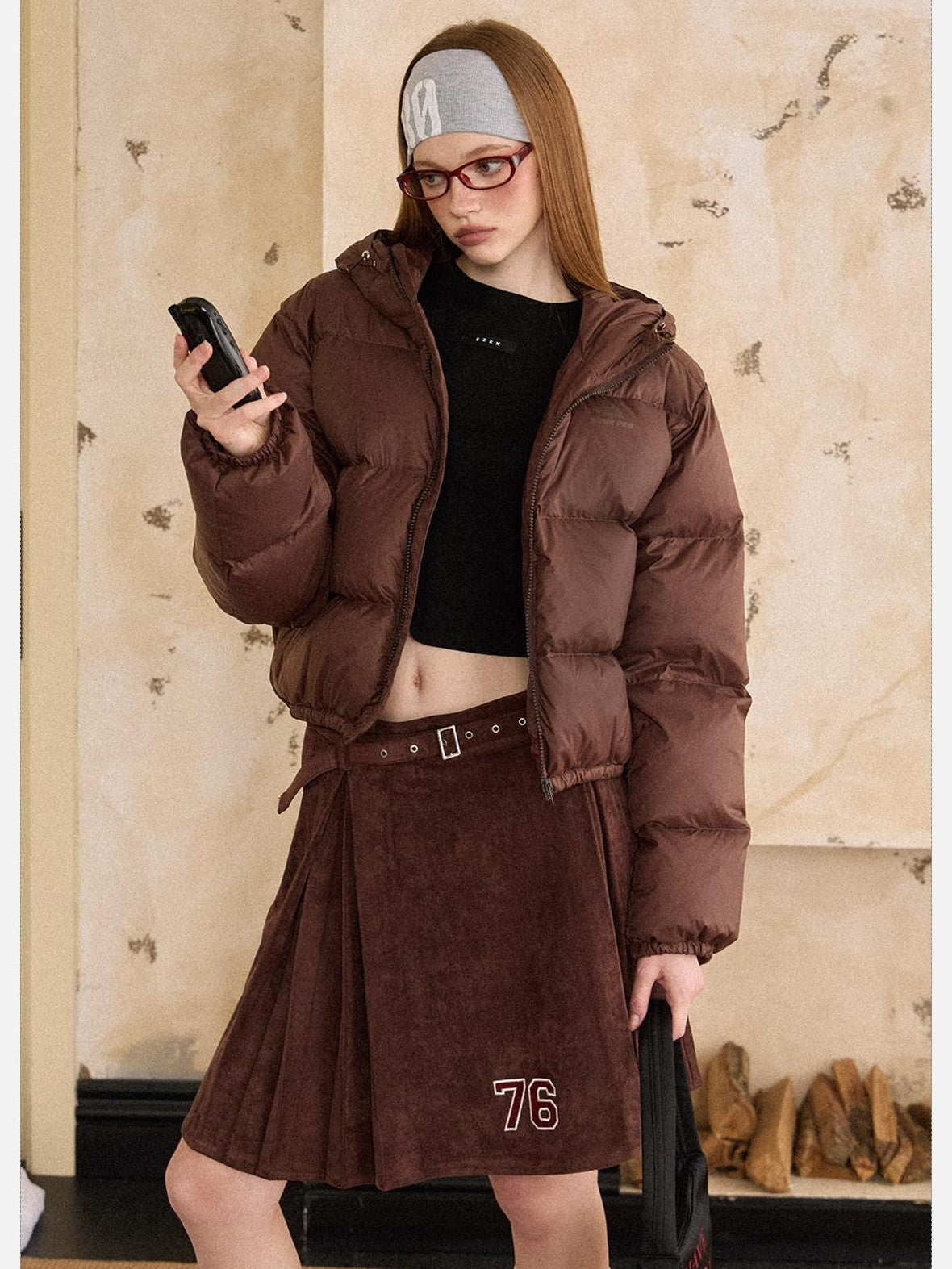 EZEK Cropped Printed Stand Collar Pocketed Women's Nylon Down Jackets