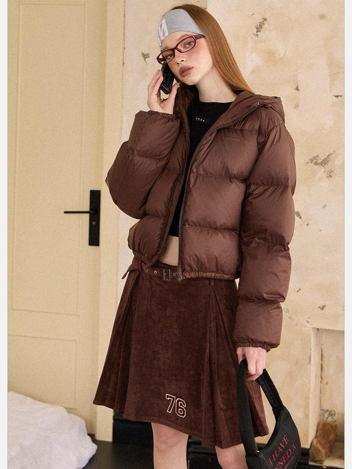 EZEK Cropped Printed Stand Collar Pocketed Women's Nylon Down Jackets