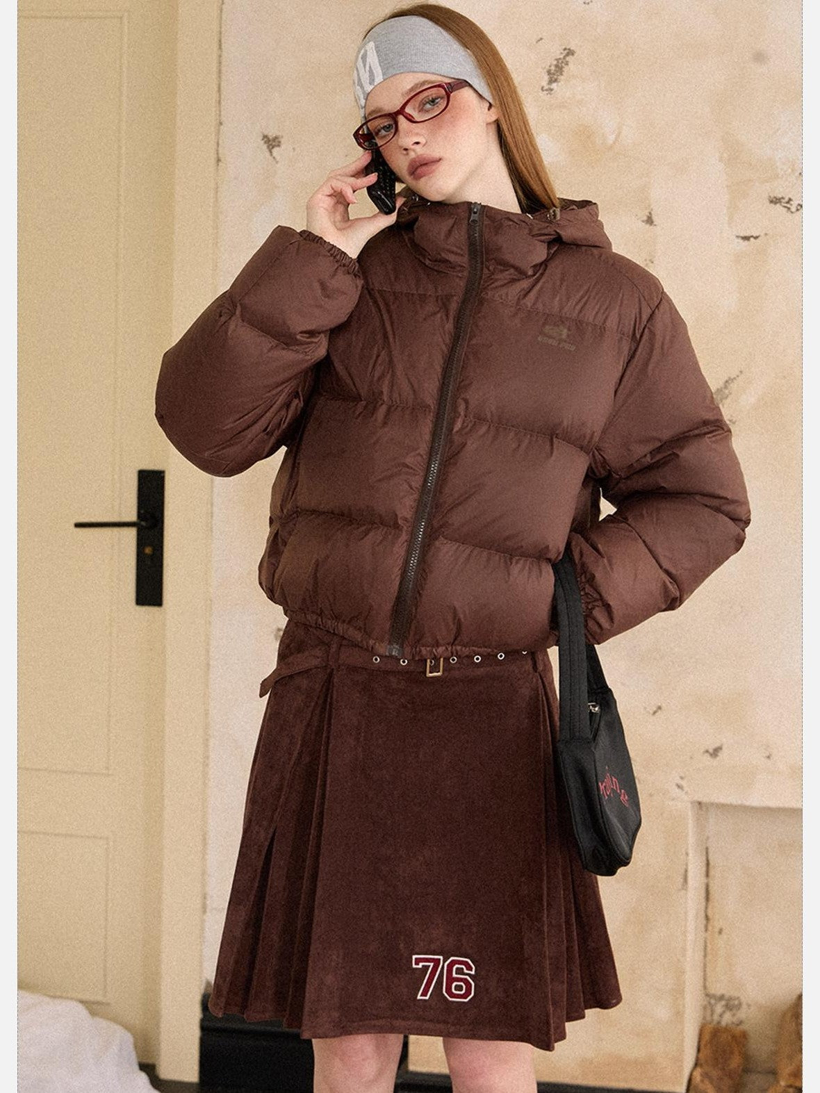EZEK Cropped Printed Stand Collar Pocketed Women's Nylon Down Jackets